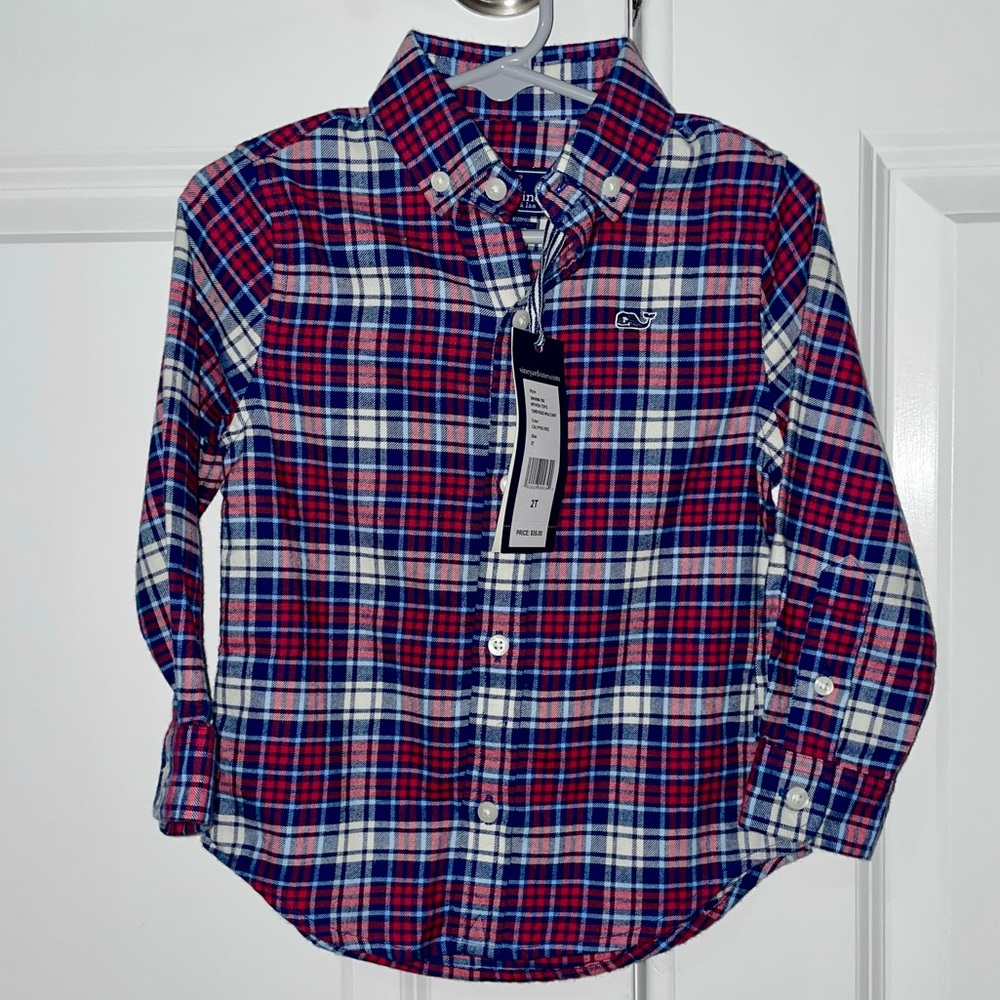 NWT Vineyard Vines Red/White/Blue Tower Ridge Whale Flannel Shirt, 2T